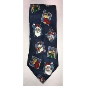NOS Massini Navy Christmas Santa Snowmen Candles Silk Neck Tie - Length 58"